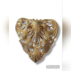 Vintage Heart Scarf Clip Goldtone Open Work Scroll